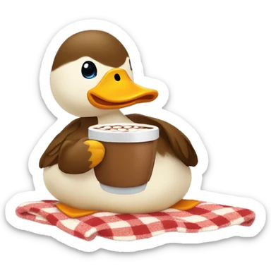 Duck with a cup of hot cocoa and a blanket around the ducks body sticker