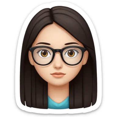 A girl with fair skin and dark brown eyes. Long, straight, dark brown hair. Black prescription glasses. sticker