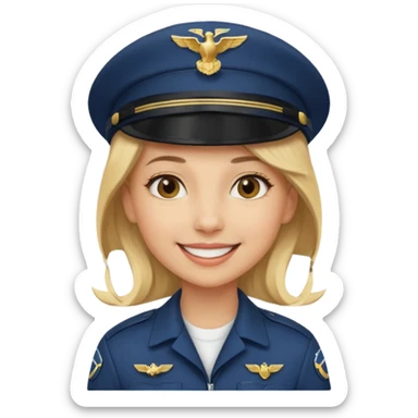 A female pilot with light skin and blonde hair under her cap sticker