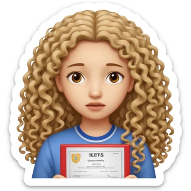 A girl with long curly hair sadly shows an IELTS certificate with a score of 3.0 sticker