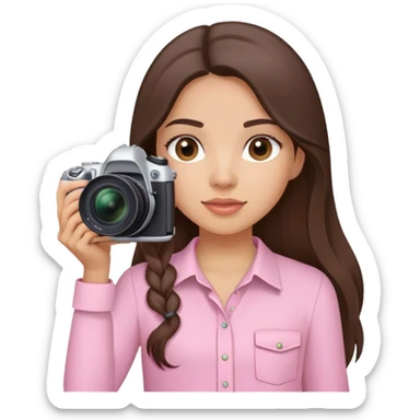 latin girl with long brunette hair light pink shirt and nikon camera sticker