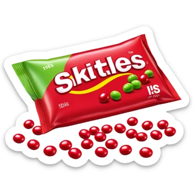 Red Skittles package with logo, the original red Skittles pack design, with only green Skittles candies spilling out sticker