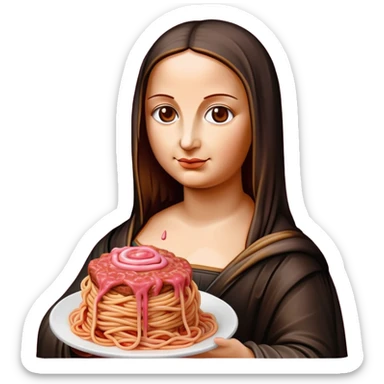 monalisa made of SPAM meat holding pink dripping sauce spaghetti portrait sticker