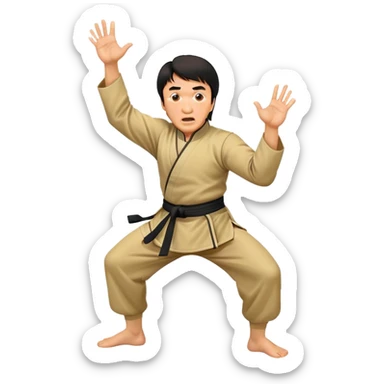 Jackie Chan in kung fu pose with his classic surprised expression, martial arts stance sticker