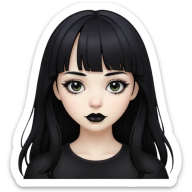 Gothic gir, black hair with bangs, slightly wavy, very long hair,long eyelashes, black eyes. sticker