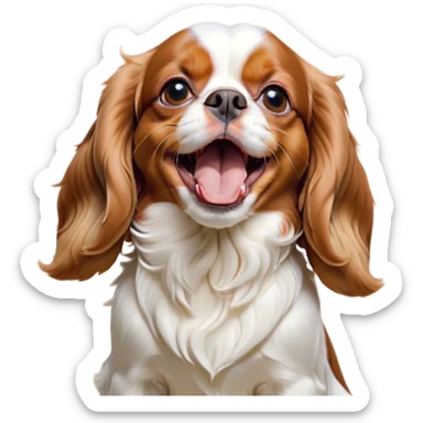 Cinematic Cute Yawning Blenheim Cavalier King Charles Spaniel Portrait Emoji, Head tilted slightly with a dramatic, wide-open yawn, soft Blenheim coat with delicate chestnut and white markings, floppy ears slightly drooping, round brown eyes barely open in drowsy contentment, Simplified yet irresistibly adorable features, highly detailed, glowing with a soft, cozy glow, high shine, relaxed yet expressive, stylized with a touch of whimsy, bright and endearing, soft glowing outline, capturing the essence of a sleepy yet affectionate companion, so drowsy it feels like it could stretch right out of the screen and curl up for a nap! sticker