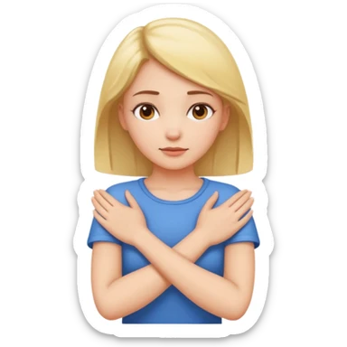 girl with arms crossed and hands holding neck sticker