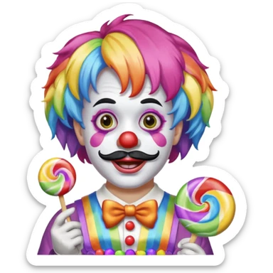 Funny clown — rainbow wig, mustache, candy in hand sticker