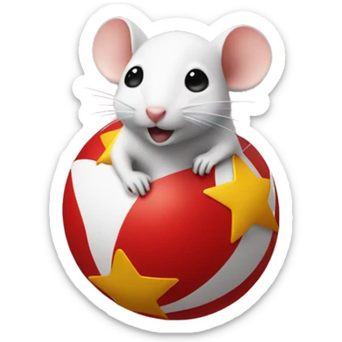 white mouse in a red suit on top of a red bouncy ball with a yellow star in the middle of the ball  sticker