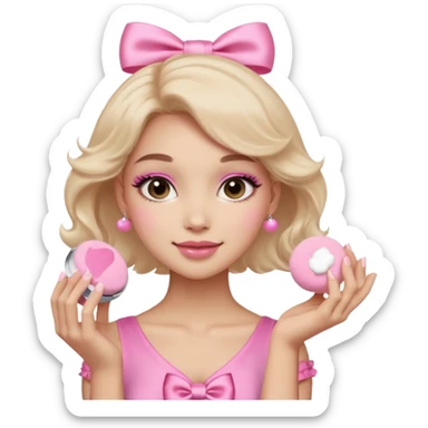 female face, light skin tone, small simple closed smile. One hand visible holding a round fluffy pink makeup powder puff pressed to the cheek; the puff has a small satin bow. sticker