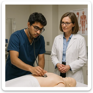 A student practicing clinical skills with a teacher observing, in a medical or healthcare setting, detailed, professional, educational environment sticker