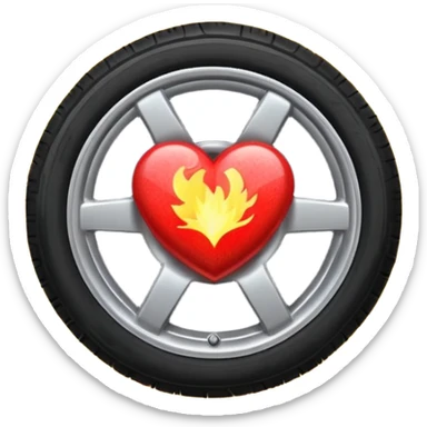 a car wheel on fire, sparks flying from underneath, and a red heart in the center of the wheel sticker