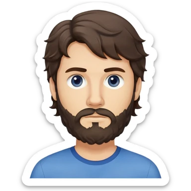 Caucasian man with wavy dark brown hair styled loose with wavy fringe, medium-length wavy hair, short full beard, neutral serious expression, simple blue shirt sticker