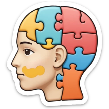 Minimalistic flat vector icon, iOS style, thin black contour on white background. Human head profile with a brain inside, split into puzzle pieces. No text, no shadows. sticker