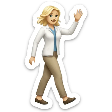 walking white woman, a blonde, friendly waving sticker