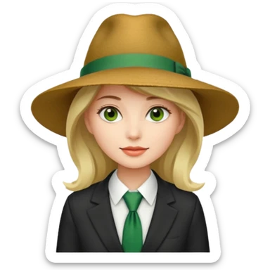 Woman in wide-brim hat & green tie sticker