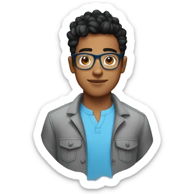 23 year old, brown man, black hair taper fade haircut, clear glasses, wide head, blue shirt sticker
