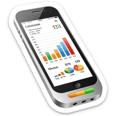 Photorealistic emoji of a compact device (handheld scanner) made of matte metal and glass. The bright, slightly reflective screen shows small colored bar charts/heatmap icons and language codes (EN, DE, 中文, العربية) plus a tiny analytics chart.  sticker