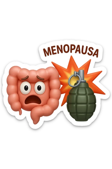 EMOJI STILE IPHONE 3D DI INTESTINO 3D CON ESPRESSIONE SPAVENTATA IN VOLTO MENTRE ACCANTO A LUI SCOPPIA UNA GRANATA 3D CON LA SCRITTA "MENOPAUSA" SOPRA, FAGLI ANCHE LA PARTE BIANCA DEGLI OCCHI, NON SOLO LA PUPILLA sticker