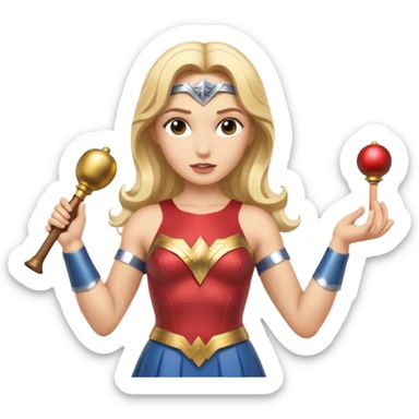 Blonde Wonder Woman holding bell and short white orchestra conductor’s baton  sticker