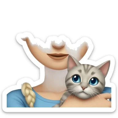 Blonde girl with blue eyes hugging a tabby grey-beige long-hair cat  sticker