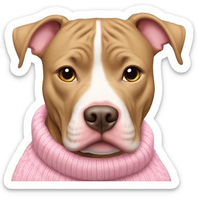 Tan pitbull wearing pink sweater with white hearts sticker
