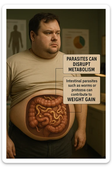 cinematic photo an overweight man is shown with a semi-transparent abdomen, highlighting the intestines filled with various types of parasites (such as worms or protozoa). Educational callouts explain how these parasites can disrupt metabolism and contribute to weight gain. The setting is a medical office, with charts and diagrams in the background. in italiano sticker