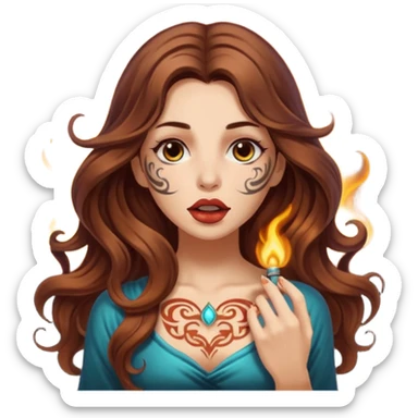 mystic woman long wavy brown hair tattoos warm breath glow from mouth sticker