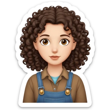 white girl with very curly dark brown hair, brown eyes, wearing farm clothes sticker