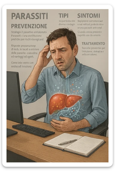 Man sitting at office desk experiencing subtle symptoms of liver dysfunction, upper abdominal pain, nausea, and unexplained fatigue Parasites: Types, Symptoms, Treatment & Prevention, expression of confusion about vague health issues, liver shown in transparent overlay with early inflammation, toxins beginning to accumulate in bloodstream, productivity declining as liver struggles to filter properly in italiano sticker