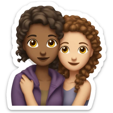 Girl with long straight brown hair hugging a women with short curly brown hair lesbians  sticker