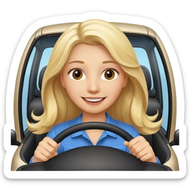 blonde long hair woman driving car. Happy face confidence sticker