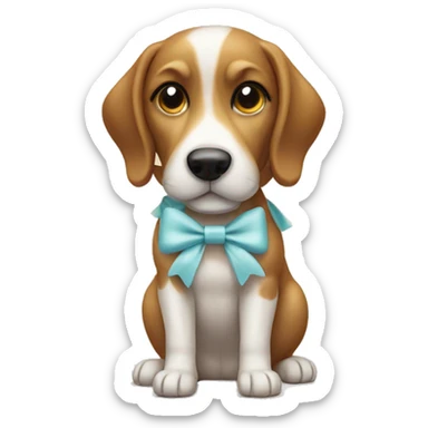 Dog with cute white bow while eating a treat sticker