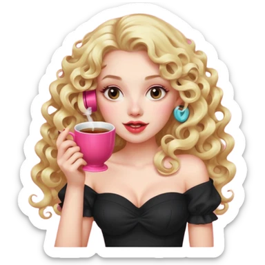 exaggerated features of woman with curly long blond hair, gossiping on a pink analogue phone, holding a tea cup, wearing an off-shoulder black top, red face sticker