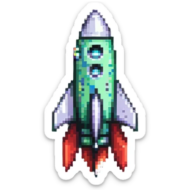 diagonal rocket flying to upper right, green body transitioning to red at the fins, pixel art style sticker