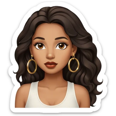 light brown skin tone, very beautiful woman, with big plump lips, long long lashes, black wavy long hair, brown eyes, white tank top, gold hoop earrings sticker