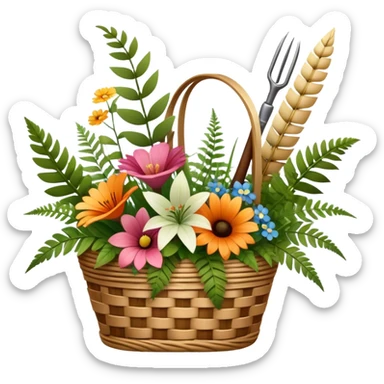 Emoji for Floristry: a bouquet of flowers in a woven basket, with reeds, ferns and floral arranging tools nearby, like scissors and a flower stem. The icon should represent creativity in flower design and arranging. Transparent background. sticker