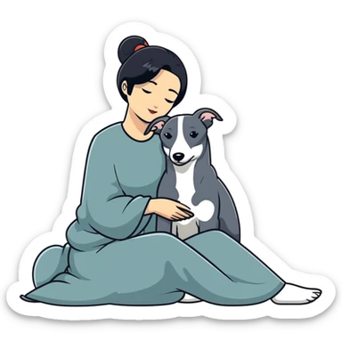 Very thin Chinese woman with long black hair relaxing in a luxurious hotel suite with exactly ONE whippet dog. EXTREME IMPORTANCE: the whippet must be ONE SOLID VERY DARK CHARCOAL GREY COLOR from nose to tail with ABSOLUTELY NO WHITE MARKINGS anywhere - NO white on face, NO white on muzzle, NO white on chest, NO white on paws, NO white on tail - NOTHING BUT A SINGLE SHADE OF VERY DARK GREY throughout the entire animal sticker