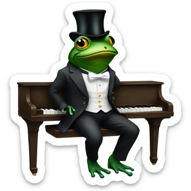 Frog sitting on a bench playing piano in a tux with a top hat. sticker