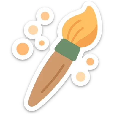 A cute and whimsical artist's paintbrush with a soft and cozy design, featuring a warm color palette: golden orange (FA9B41), deep forest green (4A7C5C), muted taupe brown (96775A), and pastel peach (FFCC9A). The brush has a delicate wooden handle in muted brown, with the bristles slightly fanned out, holding a touch of paint in shades of peach and orange. The tip of the brush is dipped in a soft golden hue, and tiny splashes of paint in the palette’s colors are gently scattered around. The overall mood is playful, artistic, and charming, evoking a sense of creativity and warmth. sticker