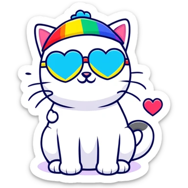 cat wearing a rainbow beanie and heart-shaped sunglasses sticker