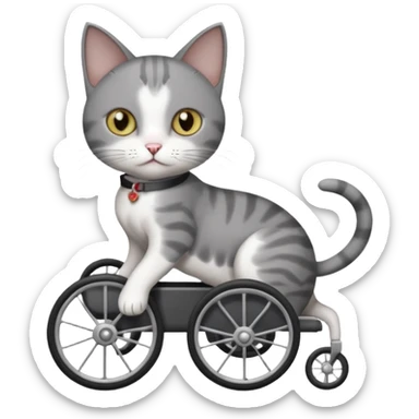 full body small short hair dark grey and white cat with hazel eyes walking in a wheelchair for cats sticker