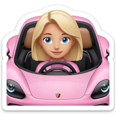 pink Porsche taycan with blonde girl, blue eyes, sitting in the car, front view point of view sticker