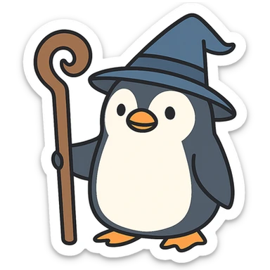 flat toon style wizard penguin with a staff sticker