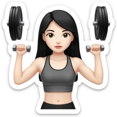 Pale girl with long black hair lifting weights sticker