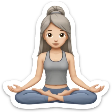 a girl doing yoga, she is wearing a grey fit and she has dark straight and loose hair.  sticker