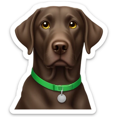 Chocolate lab mixed with Weimaraner with a grey beard and green collar sticker