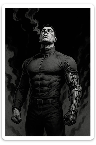 Black and white comic book panel of an extremely muscular Italian man with cybernetic implants standing in the dark, surrounded by smoke. He is wearing a long-sleeved shirt with a high collar, and his chest is sculpted. sticker