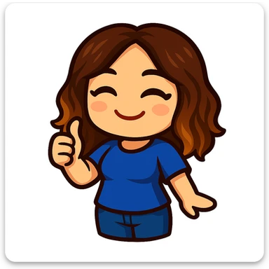 Create a chibi emote of a woman from the reference wearing a blue t-shirt and jeans, giving thumbs up, no headband, no wand, matching the attached green heart emote as a base, transparent background sticker