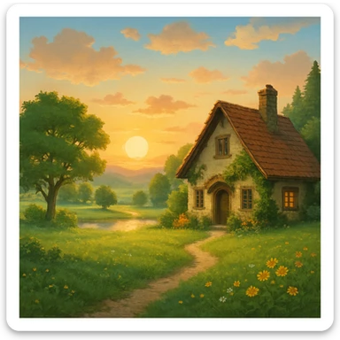 dream life as a peaceful landscape with a cozy house, sunrise, and nature, in ghibli style sticker